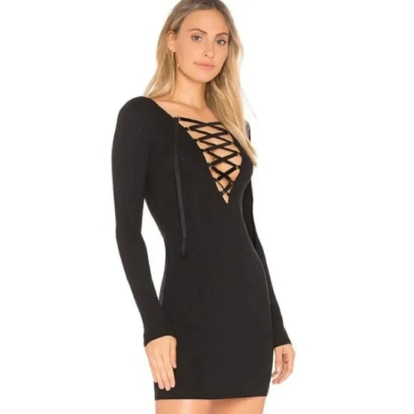 Revolve Privacy Please Glendale Mini Dress Lace Up Bodycon Black ribbed knit XS - Picture 5 of 15